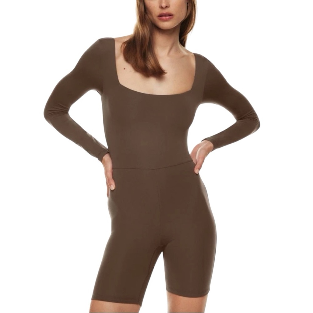 Babaton Contour Square Neck Long Sleeve Romper Small Minimalist Brown Aritzia